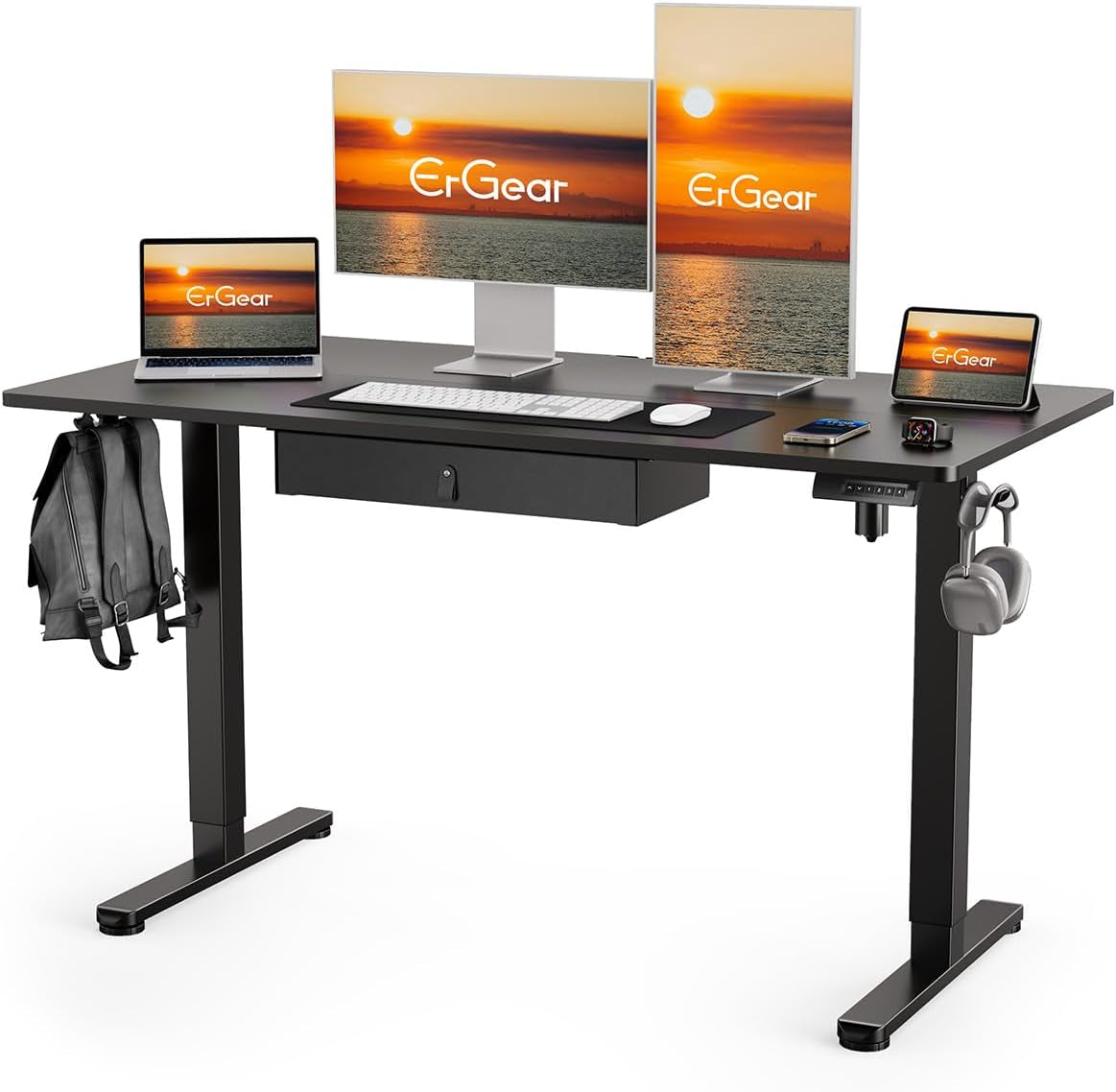 Electric Standing Desk with Drawer, 48 X 24 Electric Stand up Desk, Ergonomic Adjustable Table with Storage, Computer Workstation with Cable Management, Headphone/Bag Hooks, Home Office, Black