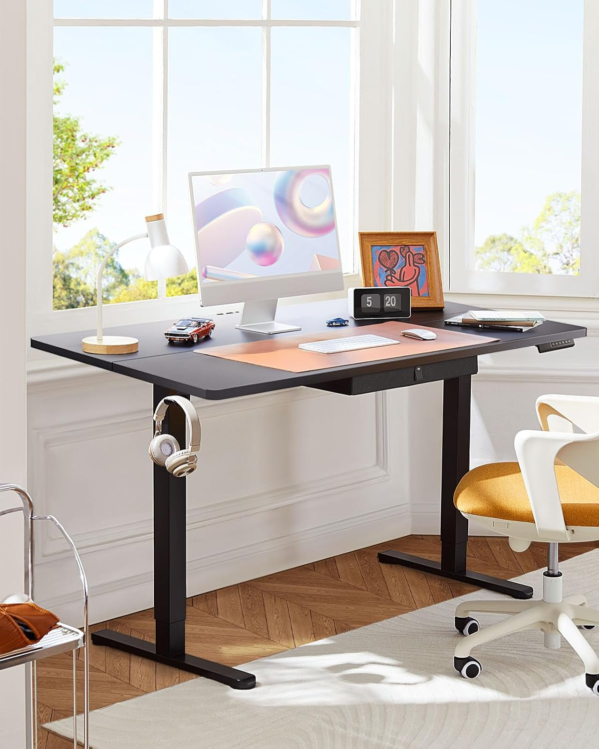 Electric Standing Desk with Drawer, 48 X 24 Electric Stand up Desk, Ergonomic Adjustable Table with Storage, Computer Workstation with Cable Management, Headphone/Bag Hooks, Home Office, Black