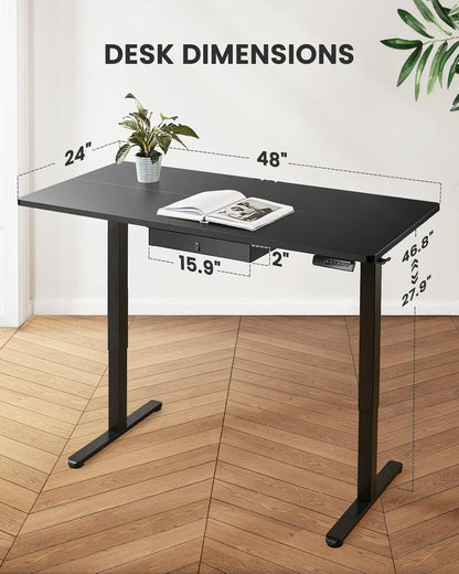 Electric Standing Desk with Drawer, 48 X 24 Electric Stand up Desk, Ergonomic Adjustable Table with Storage, Computer Workstation with Cable Management, Headphone/Bag Hooks, Home Office, Black