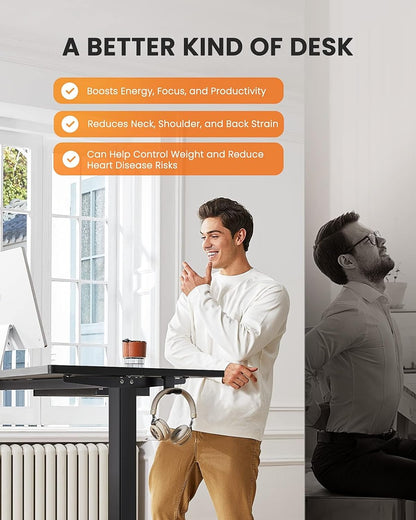 Electric Standing Desk with Drawer, 48 X 24 Electric Stand up Desk, Ergonomic Adjustable Table with Storage, Computer Workstation with Cable Management, Headphone/Bag Hooks, Home Office, Black