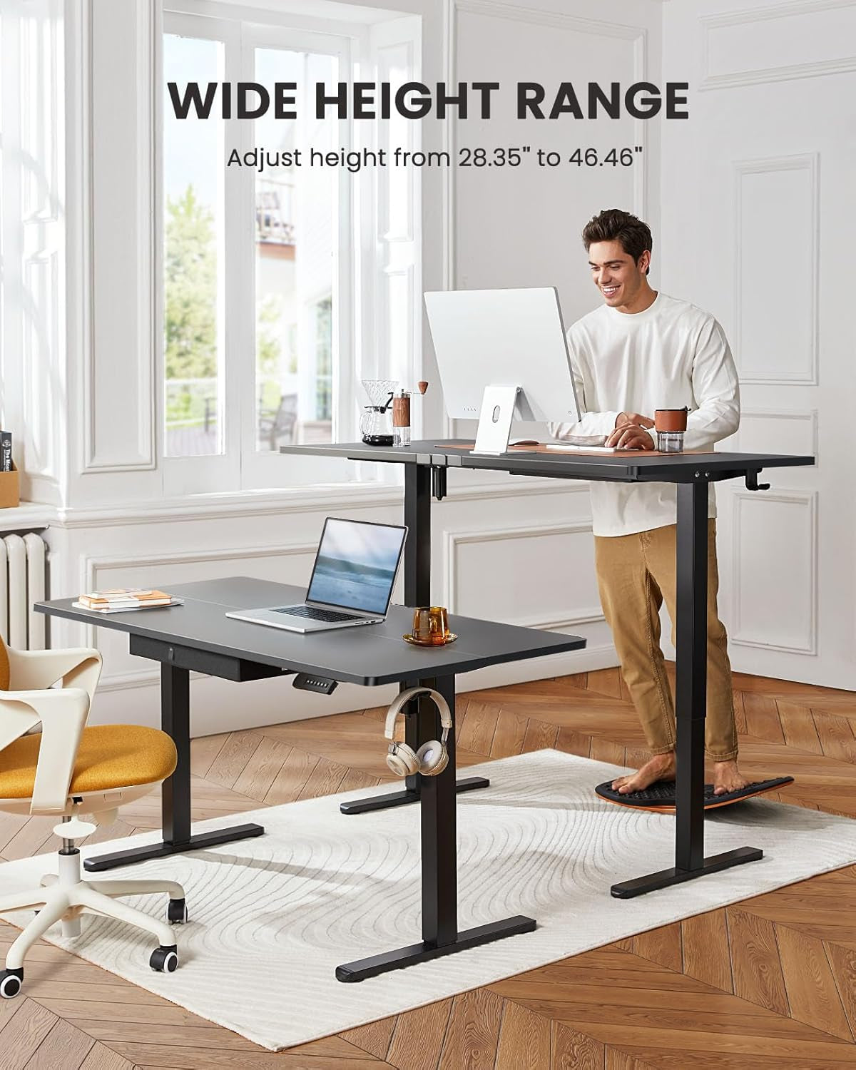 Electric Standing Desk with Drawer, 48 X 24 Electric Stand up Desk, Ergonomic Adjustable Table with Storage, Computer Workstation with Cable Management, Headphone/Bag Hooks, Home Office, Black